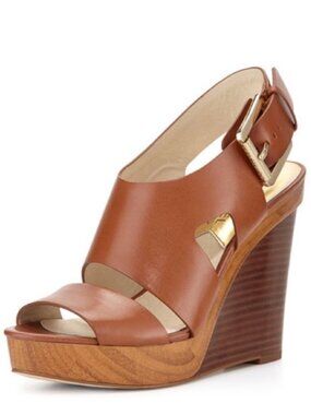 Michael Kors Leather Wedge Sandals 7.5 Brown Gold Buckle Platform